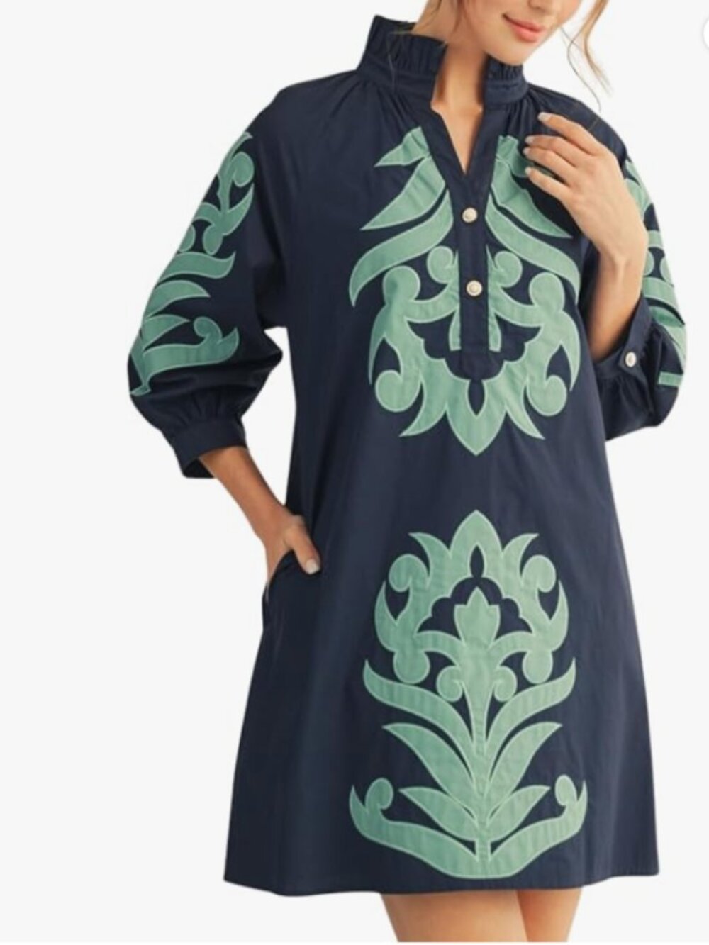 Womens Floral Embroidered Applique Mini Summer Dress 3/4 Puff Sleeves V-neck